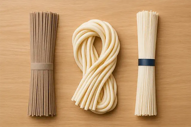 Comparación de fideos japoneses soba, udon y somen